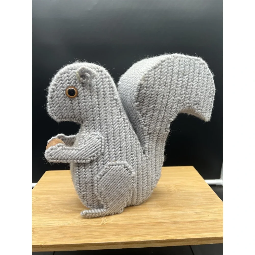 Vintage Handmade Crocheted Squirrel With Wooden Nut 8